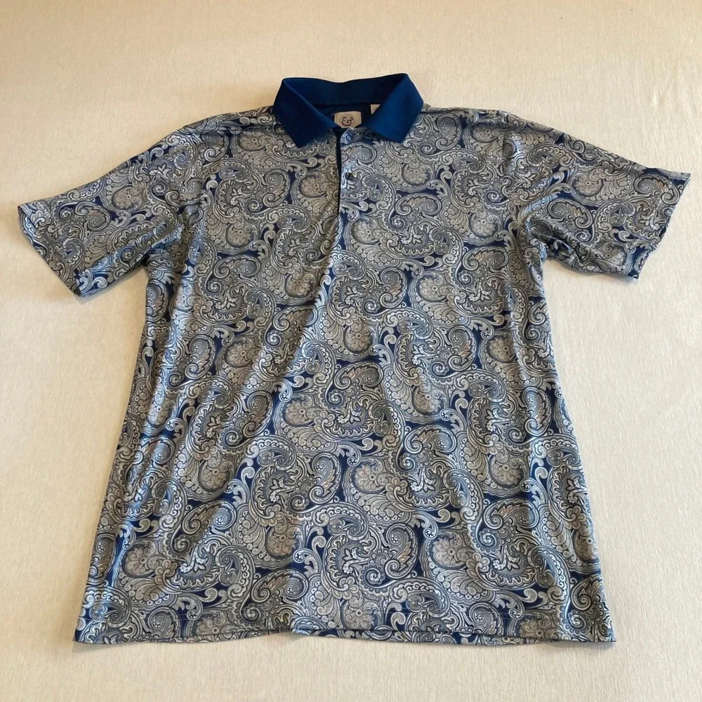 Kilburne & Finch Mens XL Paisley Polo‎ Shirt Blue Short Sleeve Stretch Golf Top